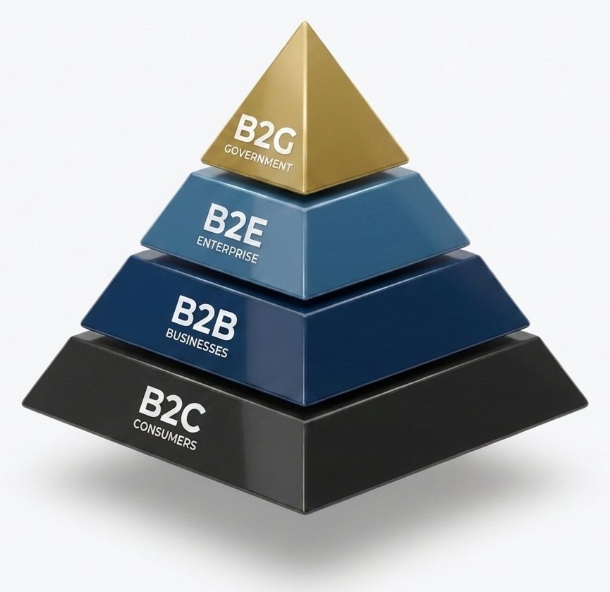 The buyer hierarchy pyramid: B2C consumers at the base, then B2B businesses, then B2E enterprise, and B2G government at the gold apex where GCA operates